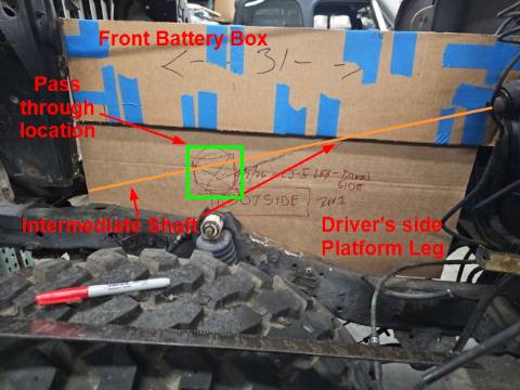 CJ-5 driver's side platform leg mockup showing intermediate steering shaft pass-through location
